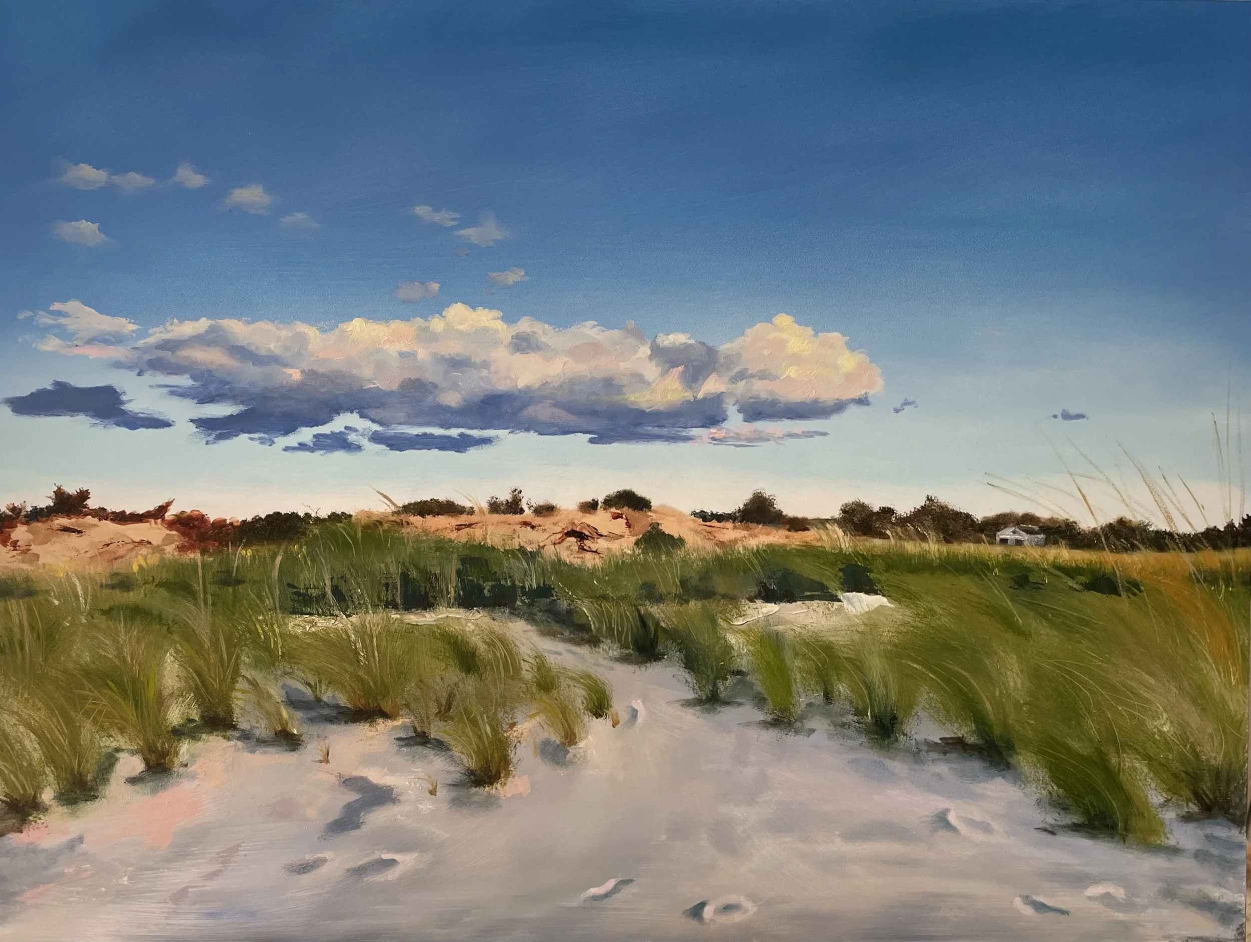 Oil painting of a sandy trail through grassy dunes with scattered bushes, under a bright blue sky with large, fluffy clouds.