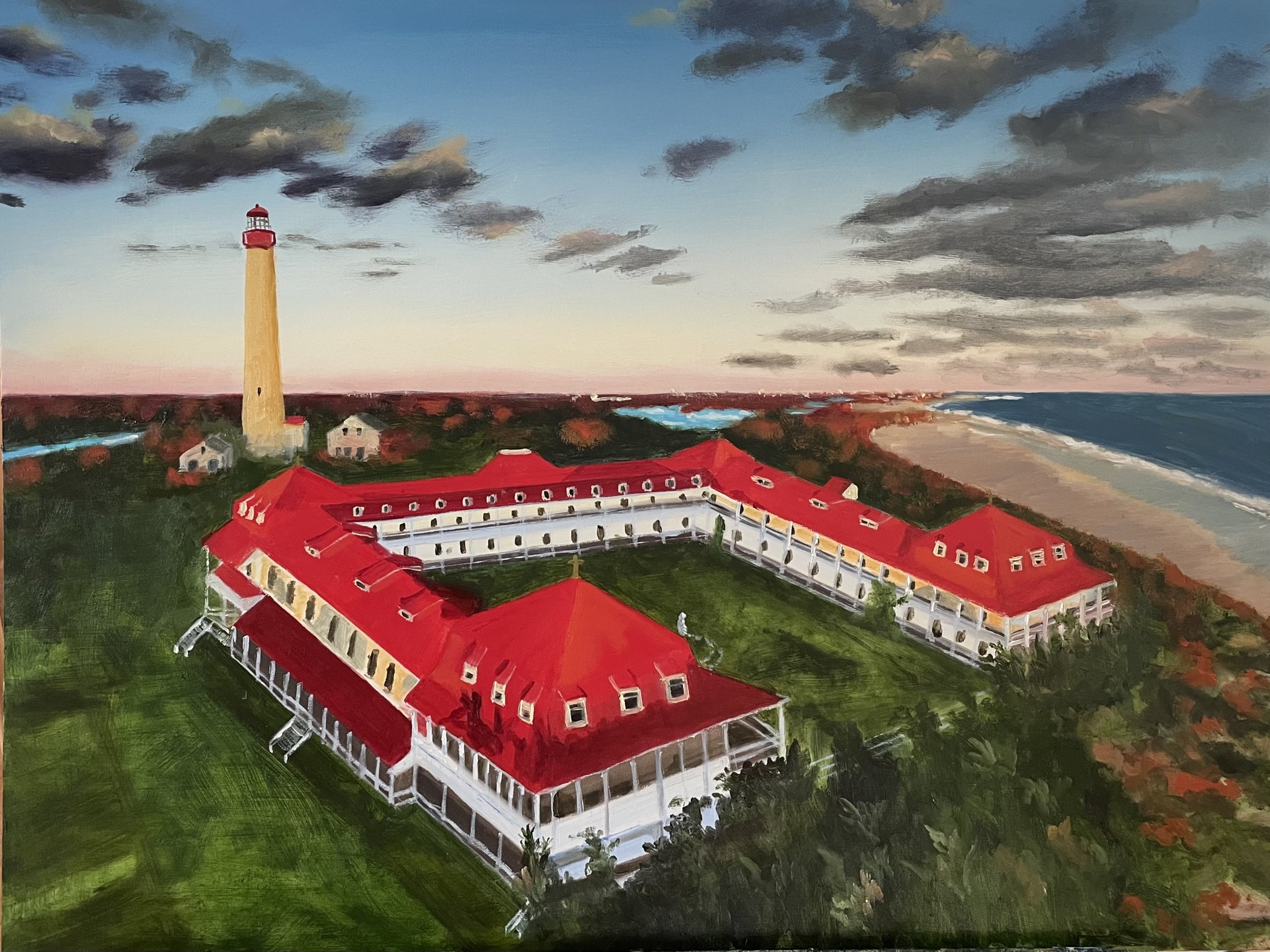 Painting of a large building with red roofs near the beach, a lighthouse in the background, and an ocean on the right side, under a partly cloudy sky during sunset.