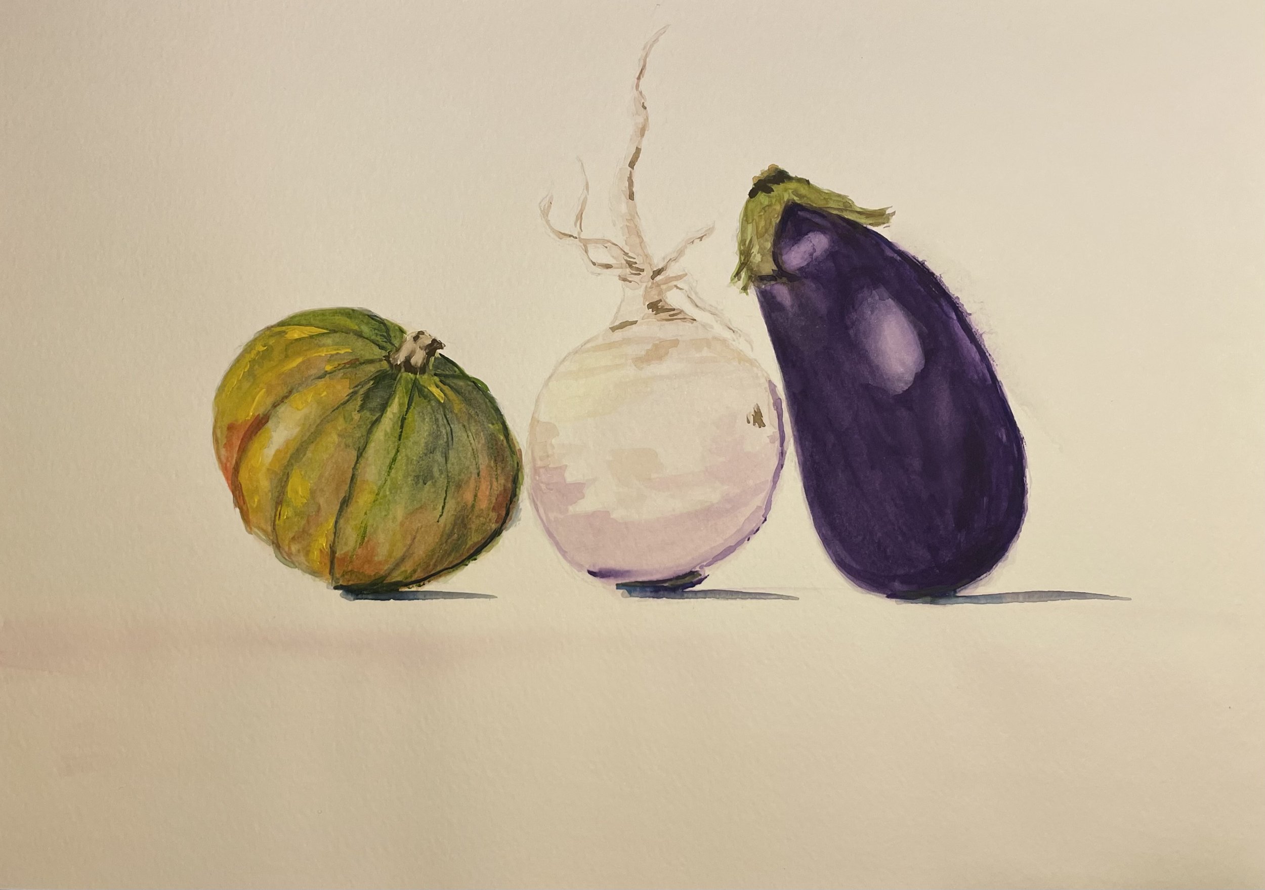 Watercolor painting of three vegetables: a green pumpkin, a white turnip, and a purple eggplant, arranged in a row against a plain background.