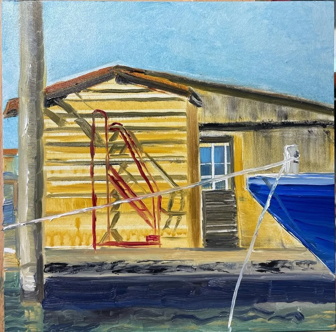 Painting of an old wooden house with a yellow exterior, broken stairs, and a ladder leaning against it. There are power lines and a blue tarp or boat on the right. The sky is clear and blue.