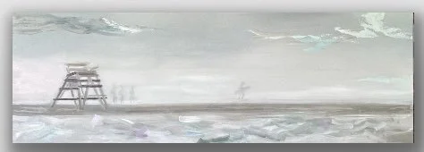 A pier extending into a calm body of water with cloudy skies overhead.