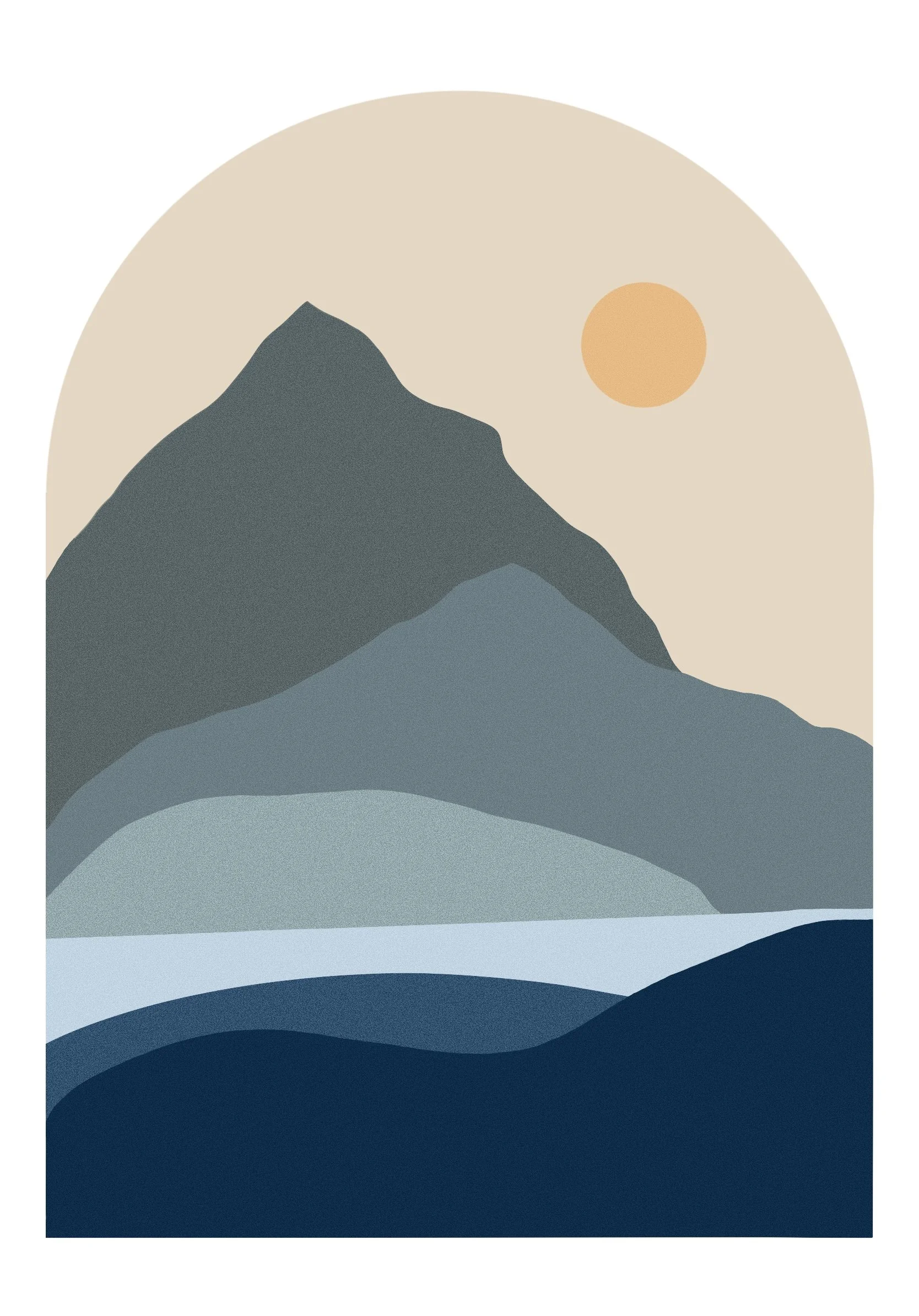 Une illustration minimaliste d'un paysage de montagnes avec un soleil orangé dans un ciel beige, représentant une scène nature et montagne stylisée.