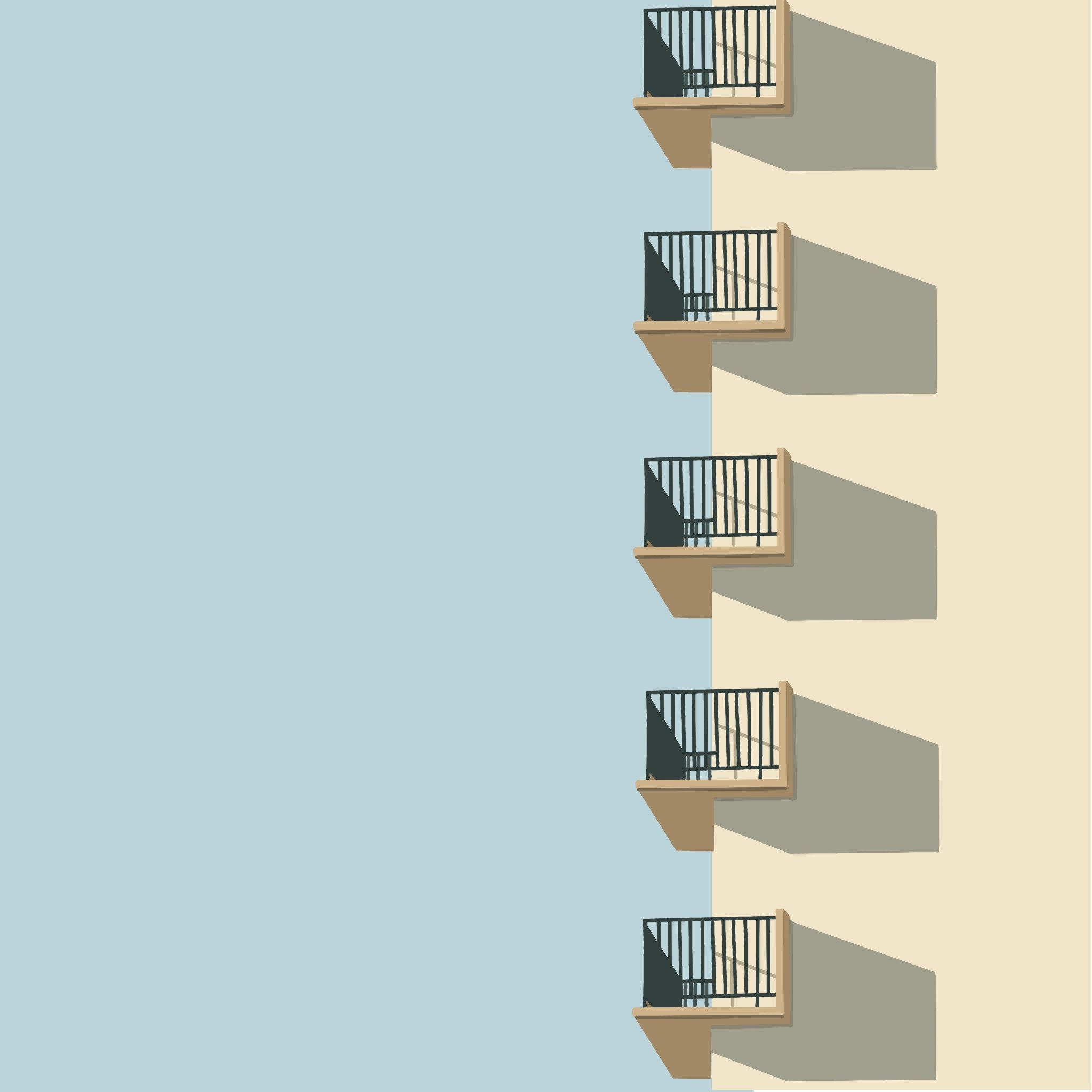 Quatre balcons avec des rampes en métal orange sur un mur beige, représentant une façade d'immeuble contre un ciel bleu.