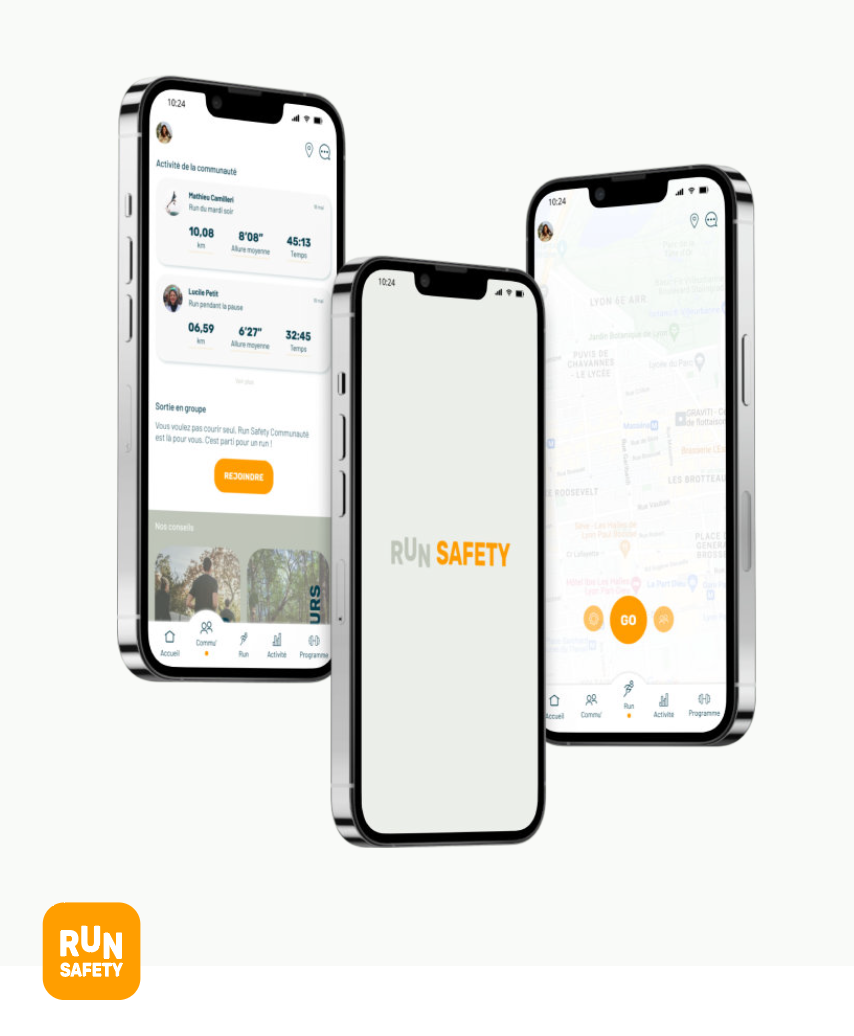 Trois smartphones affichant l'application Run Safety pour la course à pied, avec des statistiques de course, une carte, et un bouton "Go" pour démarrer l'activité.