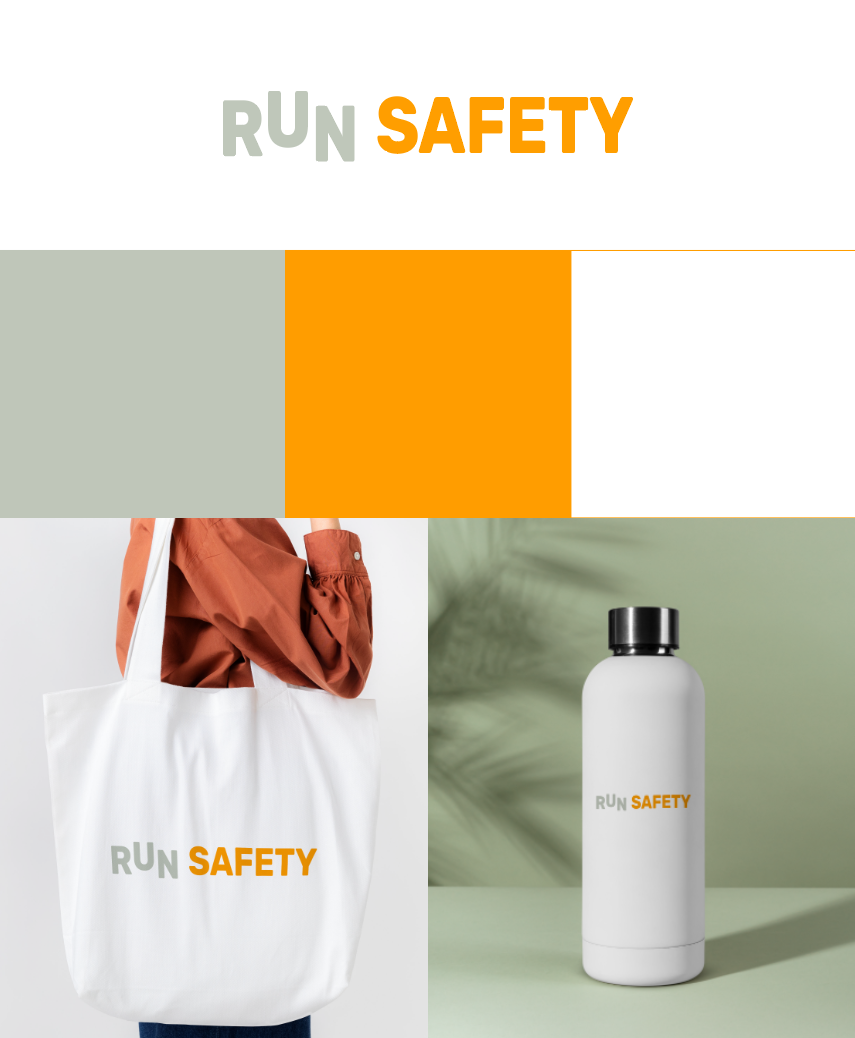 Afficher un ensemble d'objets promotionnels avec le texte 'RUN SAFETY'. La photo comprend une veste marron avec un sac blanc portant le même texte, et une bouteille blanche avec un bouchon noir, sur un fond vert clair.