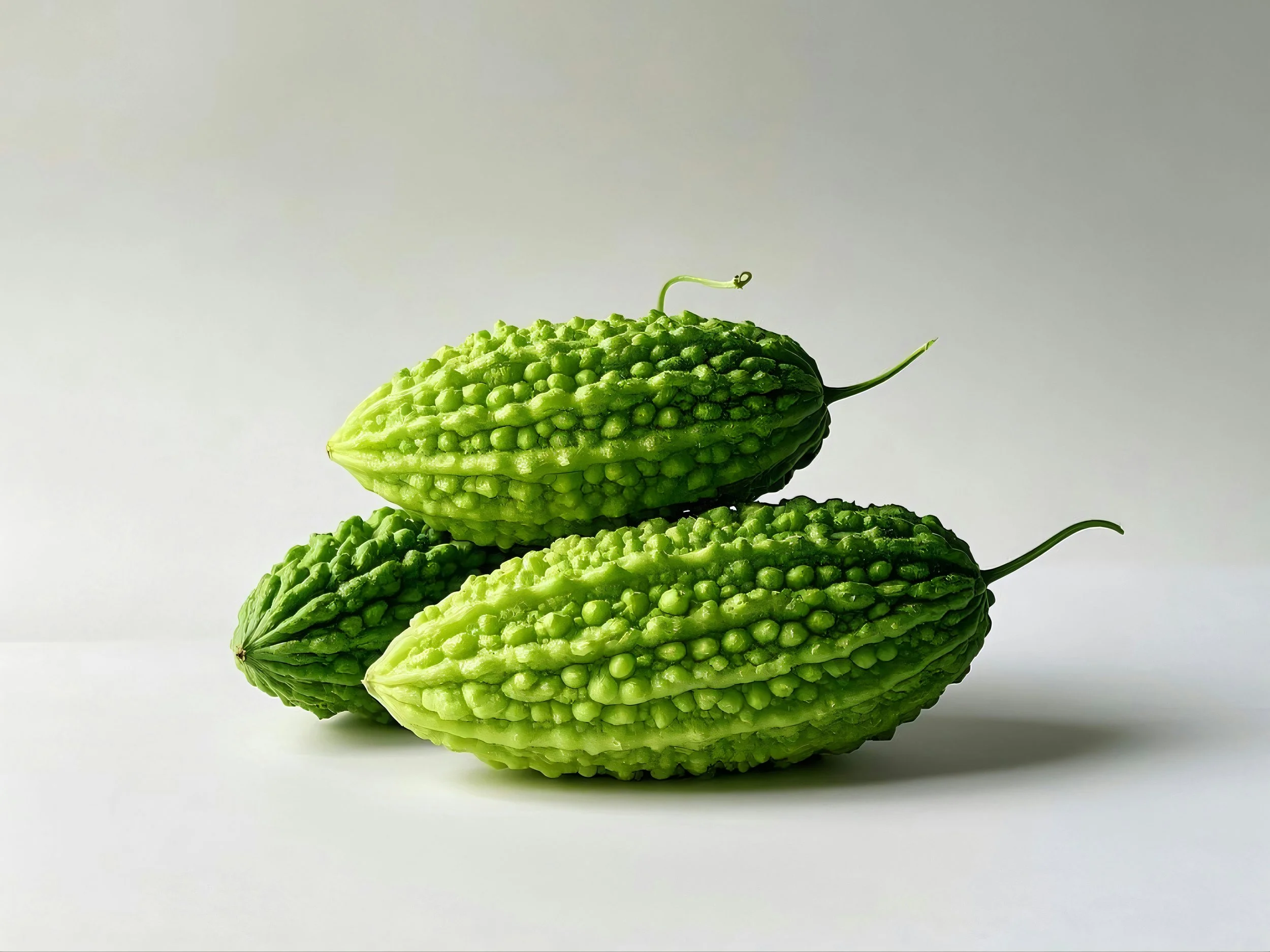 Three green bitter melons stacked on a plain white background.