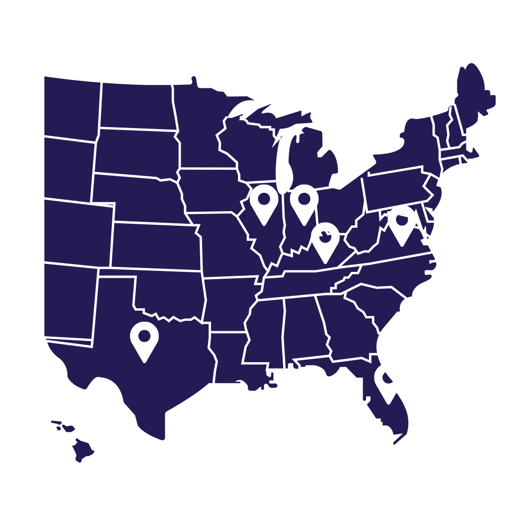 Map of the United States with five white location pins, highlighting locations of research partners scattered across different states. Those states include Florida Illinois, Indiana, Kentucky, Texas, Virginia