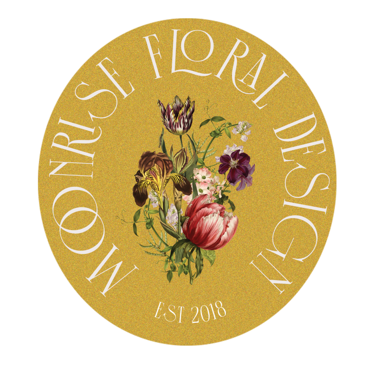 A circular logo with a gold background and white text reading 'NURSE FLOWER DECOR' along the border, featuring a detailed illustration of various colorful flowers in the center, and 'EST 2018' at the bottom.