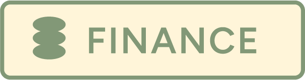 A rectangular sign with a beige background, green border, and green symbols. It has three stacked oval shapes and the word 'FINANCE' in bold uppercase letters.
