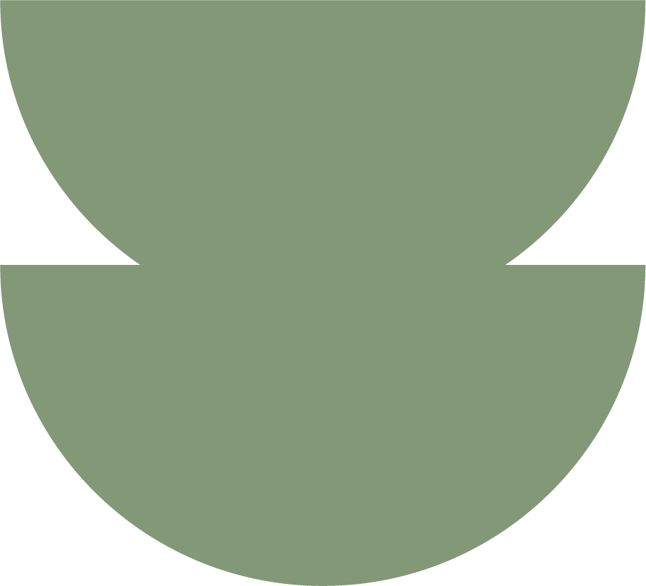 Two large, overlapping, semi-circular shapes in a muted green color, forming a stylized abstract design.
