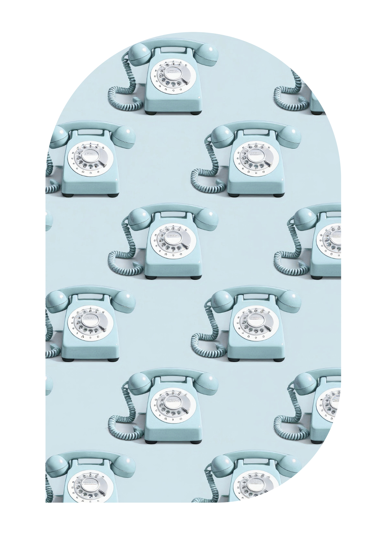 A light blue rotary phone repeated in a pattern on a blue colored background.