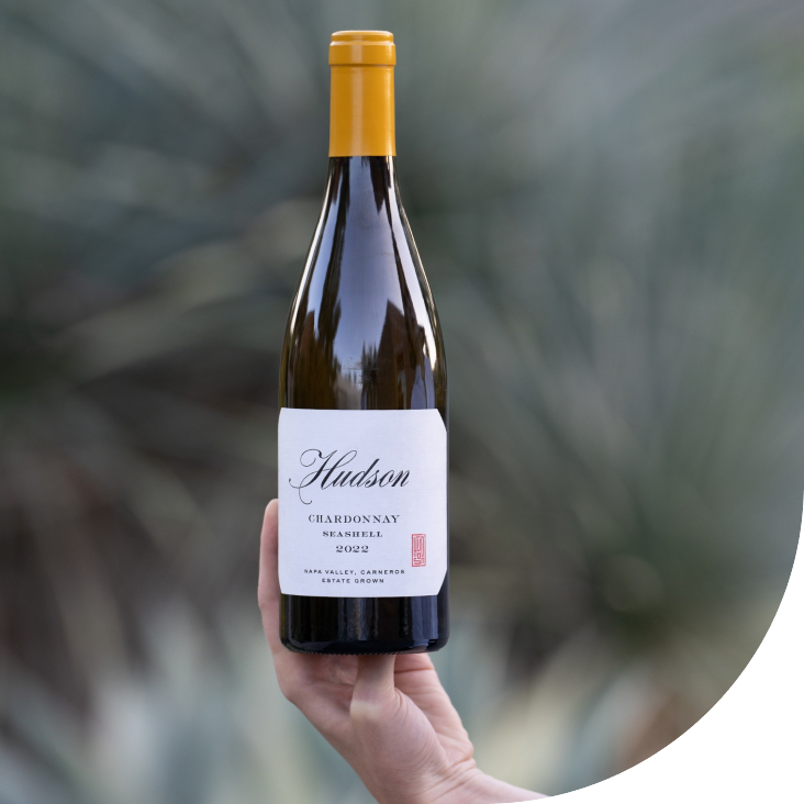 A hand holding a bottle of Hudson Chardonnay Seashell 2022 wine outdoors with blurred natural background.