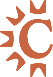 A stylized letter 'C' surrounded by a circular design resembling sun rays or flames.