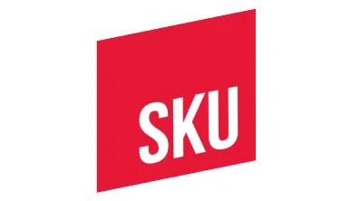 Red sign with white letters spelling 'SKU'