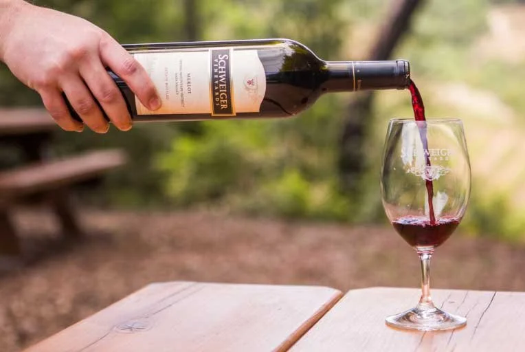 A hand pouring red wine from a bottle into a wine glass on an outdoor table with a forest background.