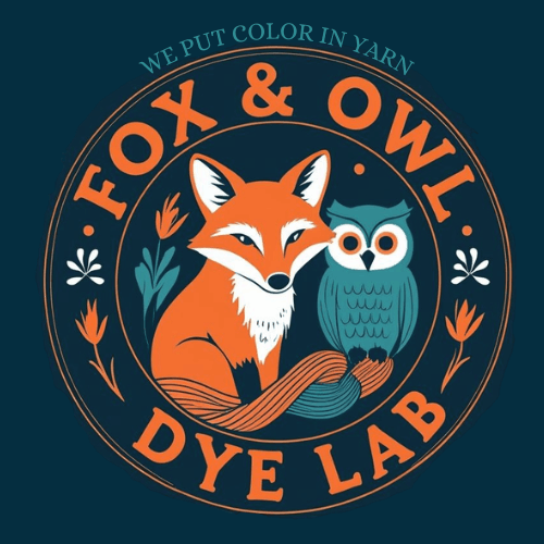 Logo for Fox & Owl Dye Lab featuring a fox and an owl surrounded by flowers and the text 'We put color in yarn'.