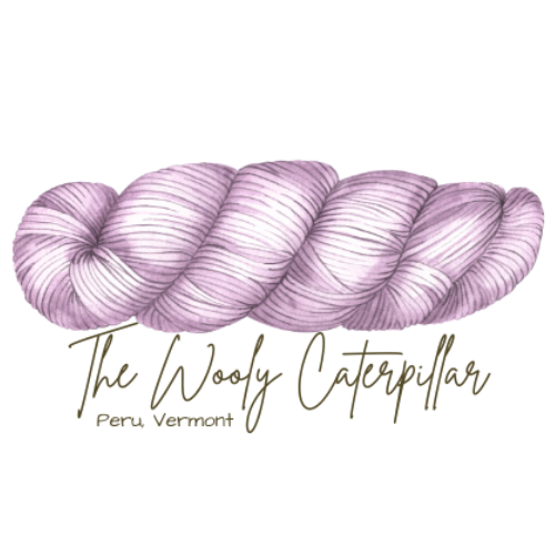 Illustration of a skein of yarn with the text "The Wooly Caterpillar" and "Peru, Vermont" below it.