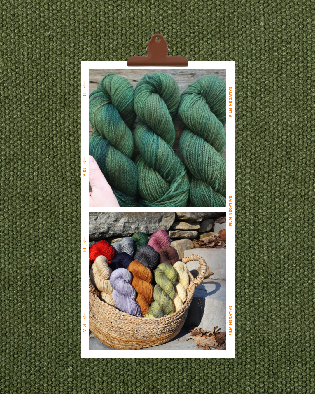 Image of handmade yarns. The top section shows three skeins of green yarn, and the bottom section features a basket filled with multiple skeins of yarn in various colors, placed outdoors on a stone surface with fallen leaves.