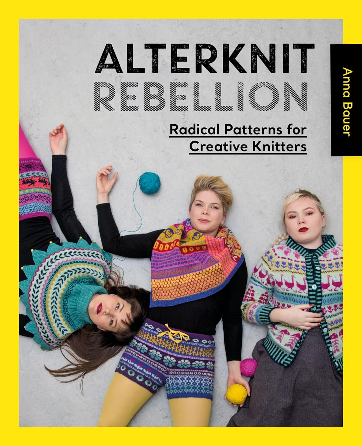 Brightly colored hand knits on 3 ladies on the cover of this book.
