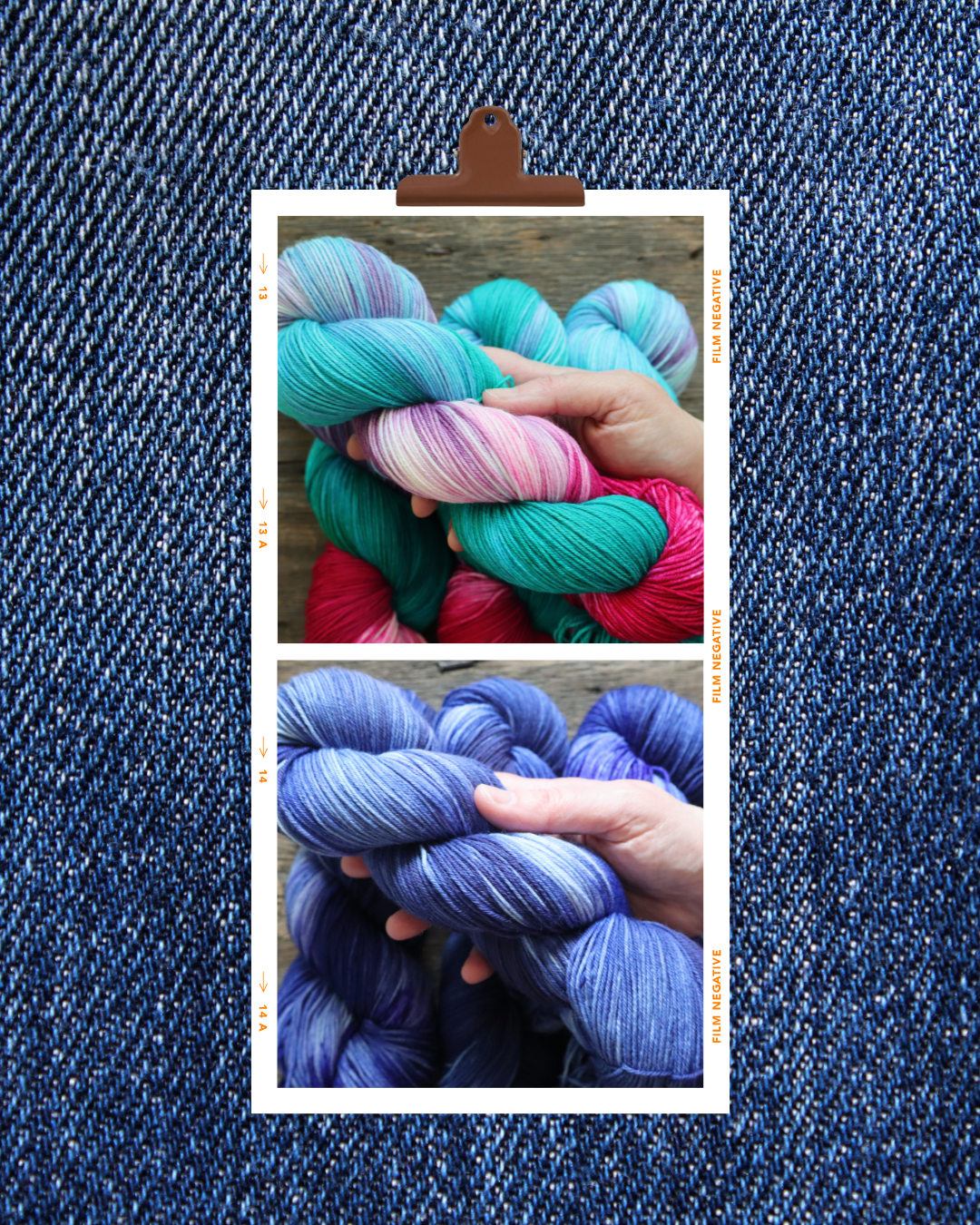 Two photos of colorful yarn skeins, one with pastel multicolored yarns and the other with shades of blue and purple, held in hands, placed on denim fabric background.