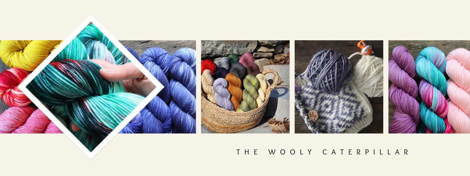 A collage of various colorful yarns and knitted items with the text 'The Wooly Caterpillar' at the bottom.