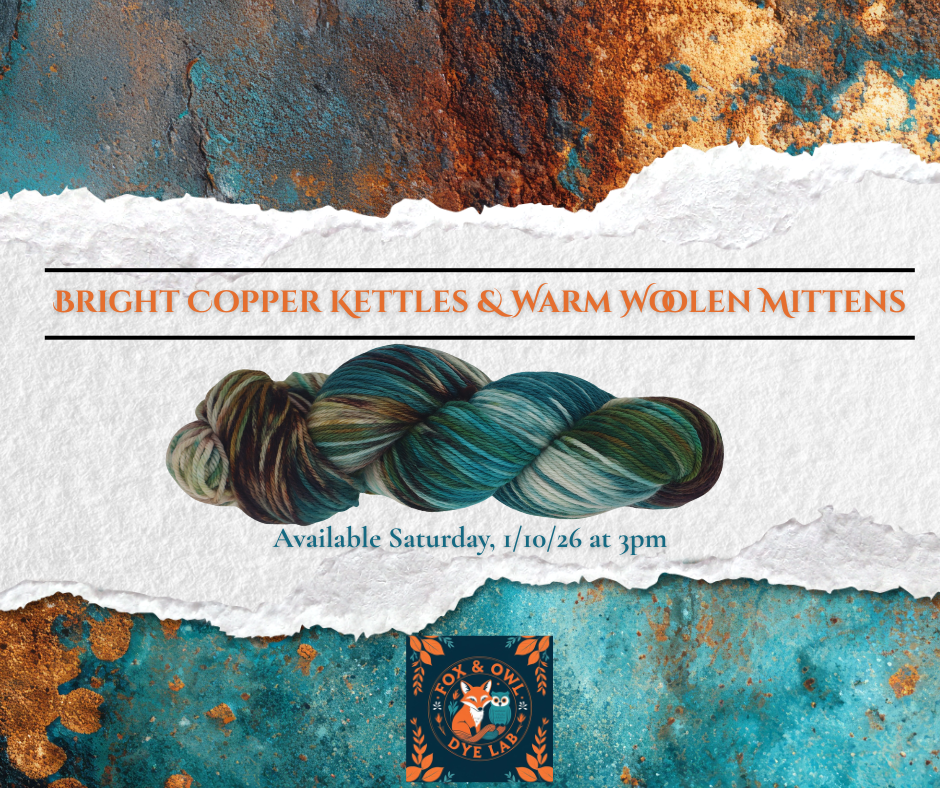 Patinaed copper background with a strip of handmade paper overlaid on it featuring a multicolored skein of yarn with colors of copper, turquoise, and teal and the words Bright Copper Kettles and Warm Woolen Mittens above the yarn.