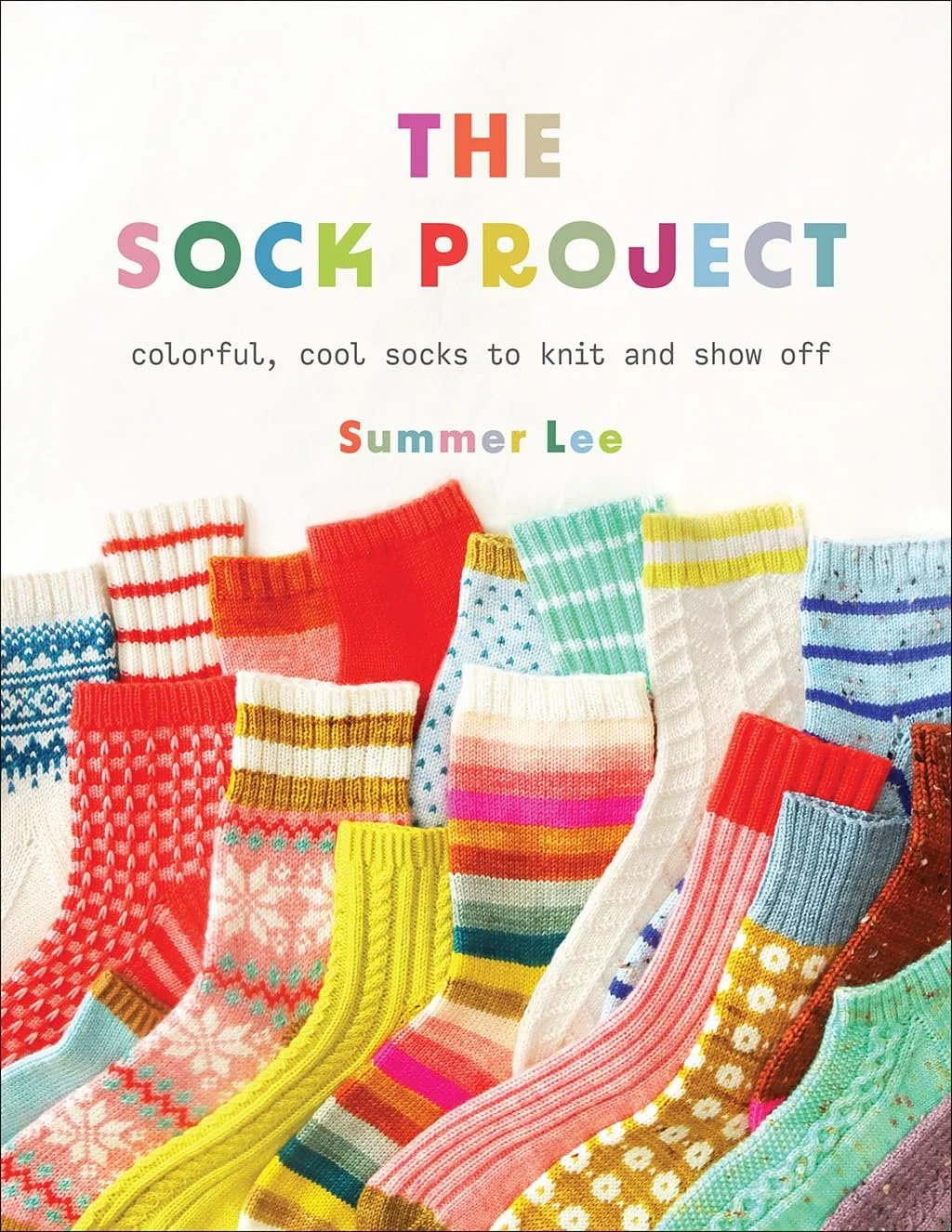 Colorful hand knit socks adorn the cover of this book