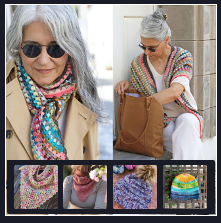 Collage of six photos of an elderly woman with gray hair, wearing sunglasses and colorful knitted scarves, in various settings and poses.