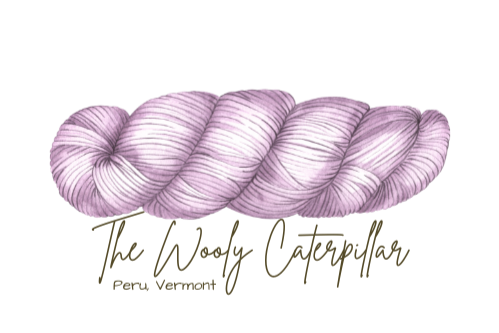 The Wooly Caterpillar logo - a tonal purple-pink watercolor skein of yarn
