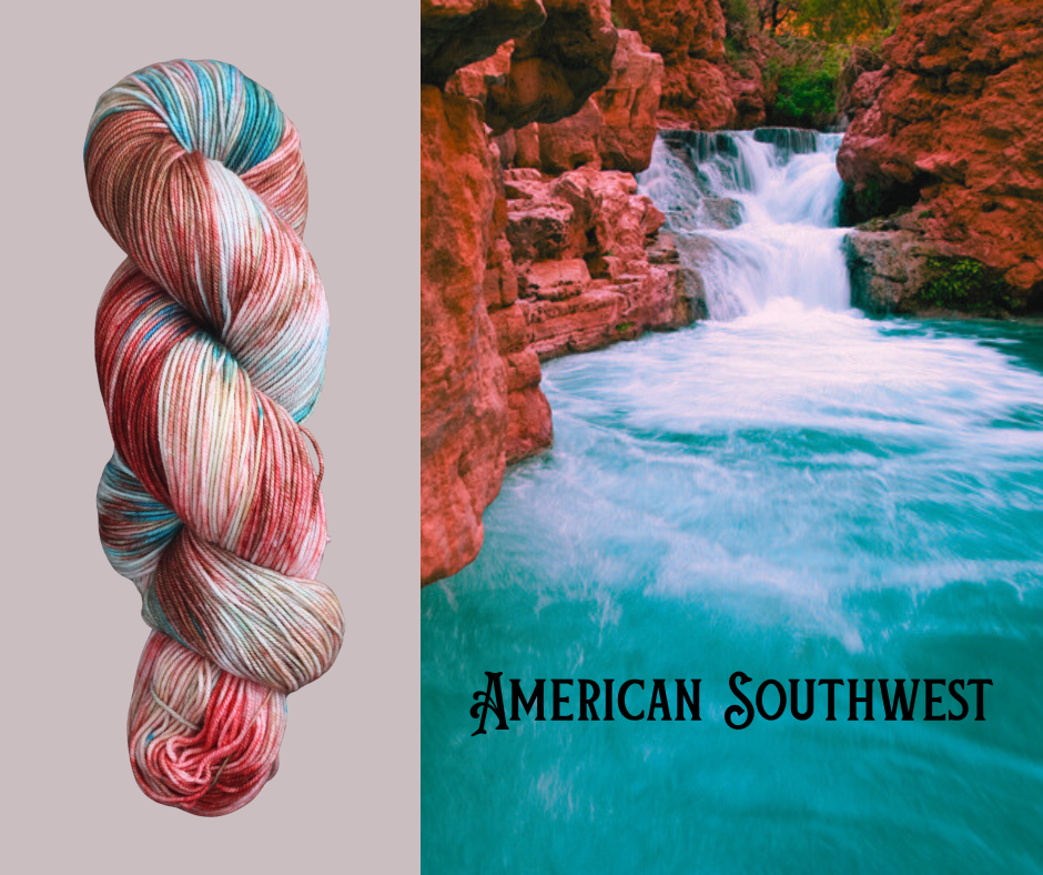 Southwest influence yarn with terra cotta, turquoise, and a hint of sage.