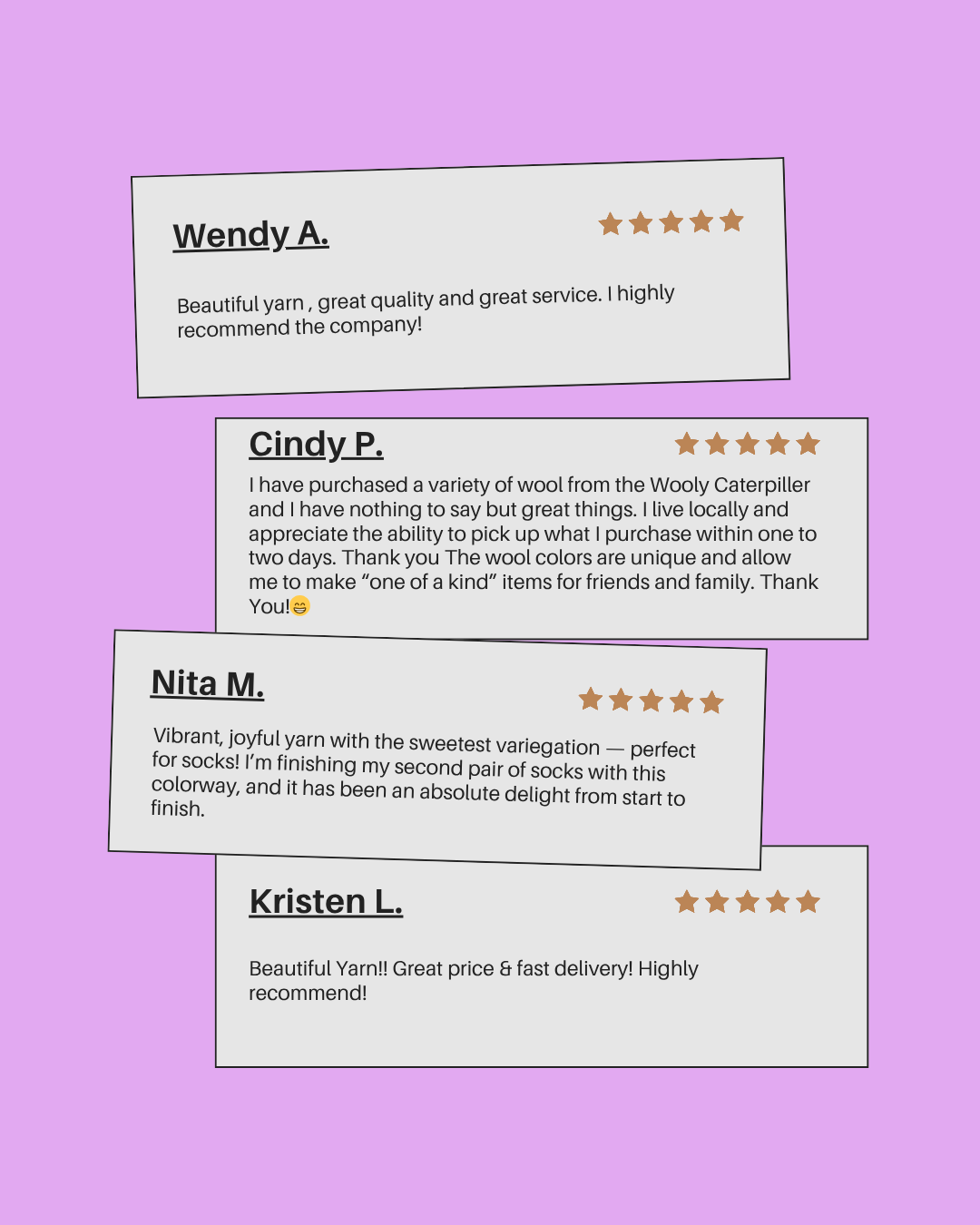 Four 5-star reviews from our customers recommending our yarn.
