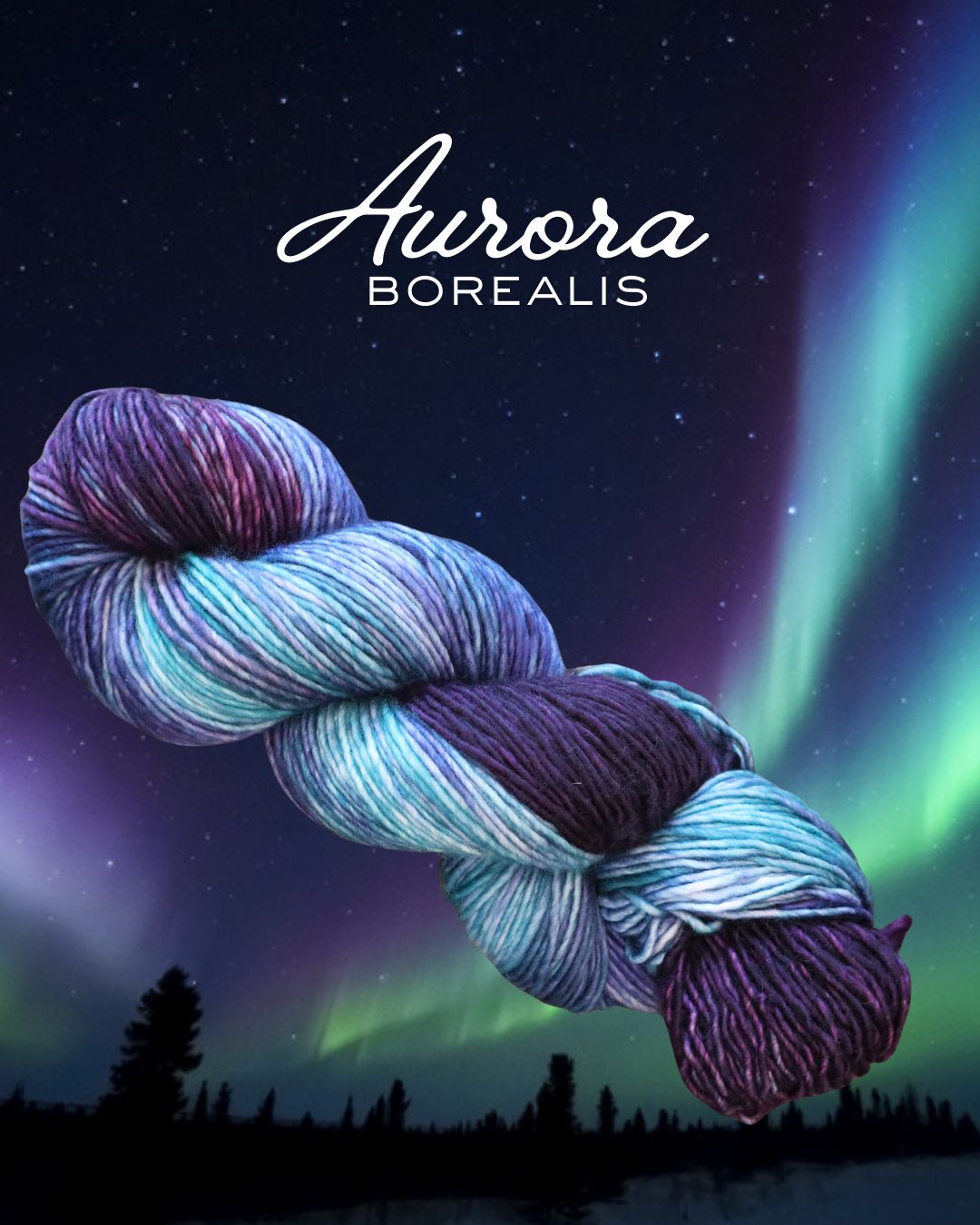 Like light dancing through the sky, this skein dances with navy, teal and purples.