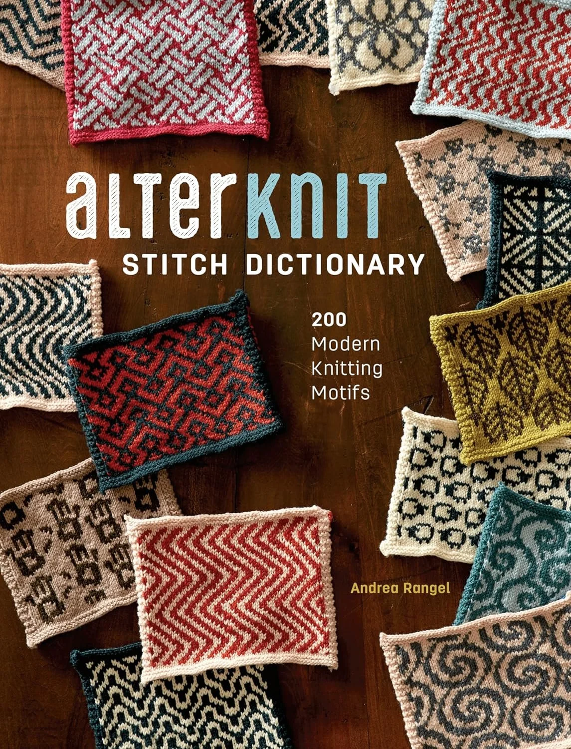 Multiple colorwork knit swatches on the cover of Alterknit