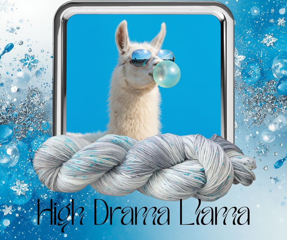 A llama wearing sunglasses and blowing a bubble, emerging from an iPhone screen with a skein of yarn underneath, with snowflakes and icy blue background, and the text 'High Drama Llama' at the bottom.