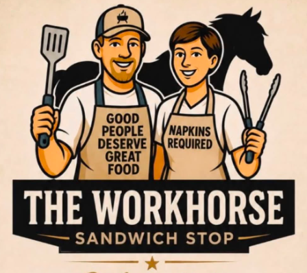 Picture of a man & woman in aprons with a horse in the background and The Workhorse Sandwich Stop wording.