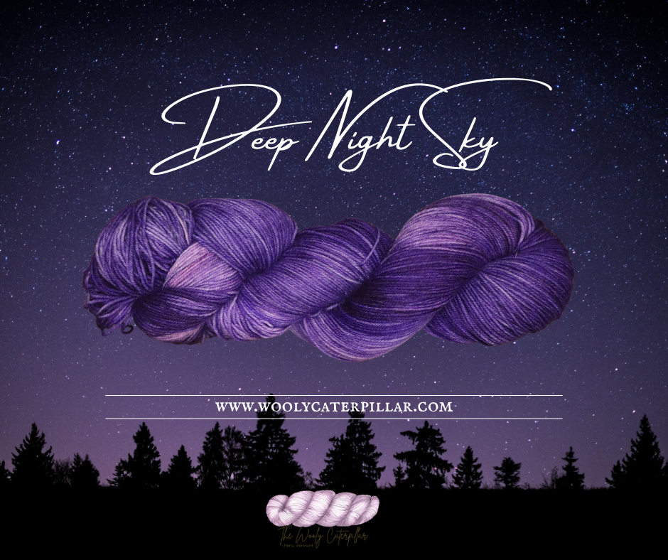 A starry night sky with the silhouettes of trees at the bottom and a skein of multi-colored purple yarn in the center. Text reads 'Deep Night Sky' and a website URL, 'woolycaterpillar.com'.