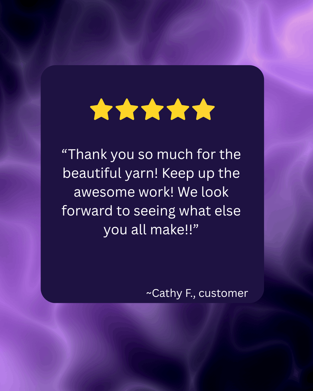 Customer reviews with a five-star rating and a quote thanking for the yarn and expressing anticipation for future projects, attributed to Cathy F.