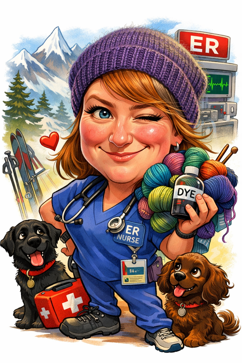 Illustration of a female emergency room nurse in outdoor mountain setting, holding yarn and dye, with her dogs and medical supplies, smiling and winking.