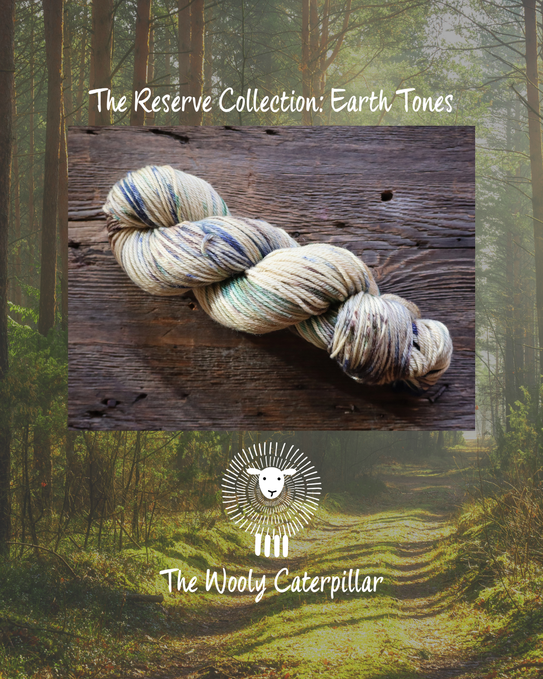 A skein of multicolored yarn resting on a rustic wooden surface, overlaid on a background of a forest trail with trees and sunlight filtering through leaves, with text reading 'The Reserve Collection. Earth Tones' and a logo of a sheep's face with radiating lines, and the words 'The Wooly Caterpillar'.