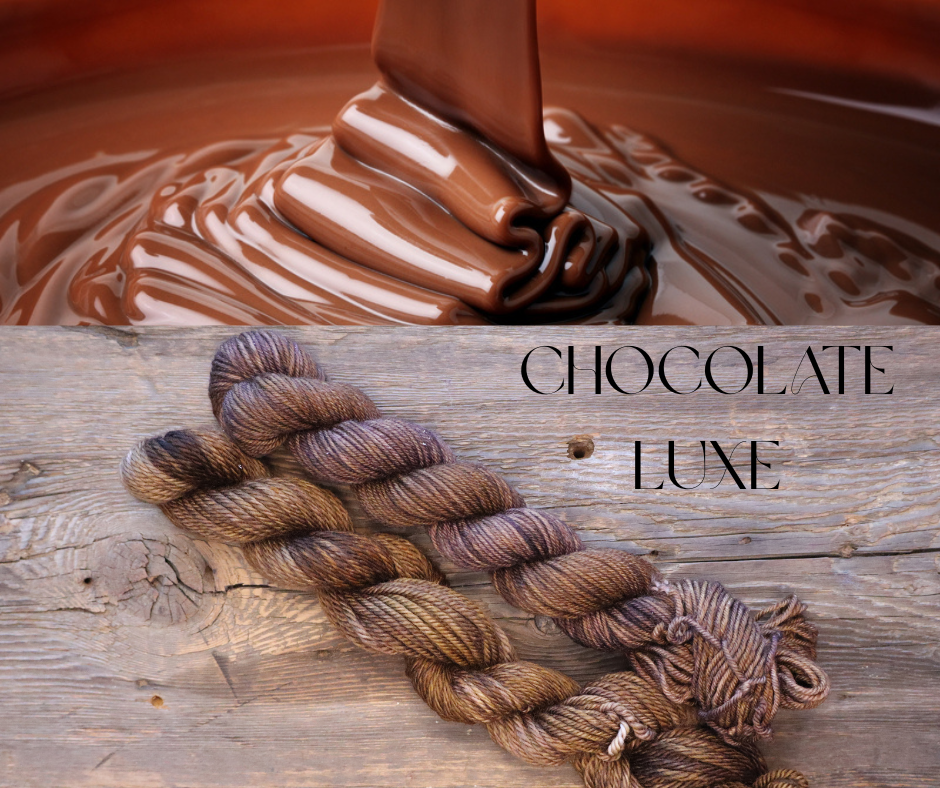 Close-up of melting milk chocolate being poured over a surface and a bundle of brown tonal yarn on a wooden background, with the words 'Chocolate Luxe' written on it.