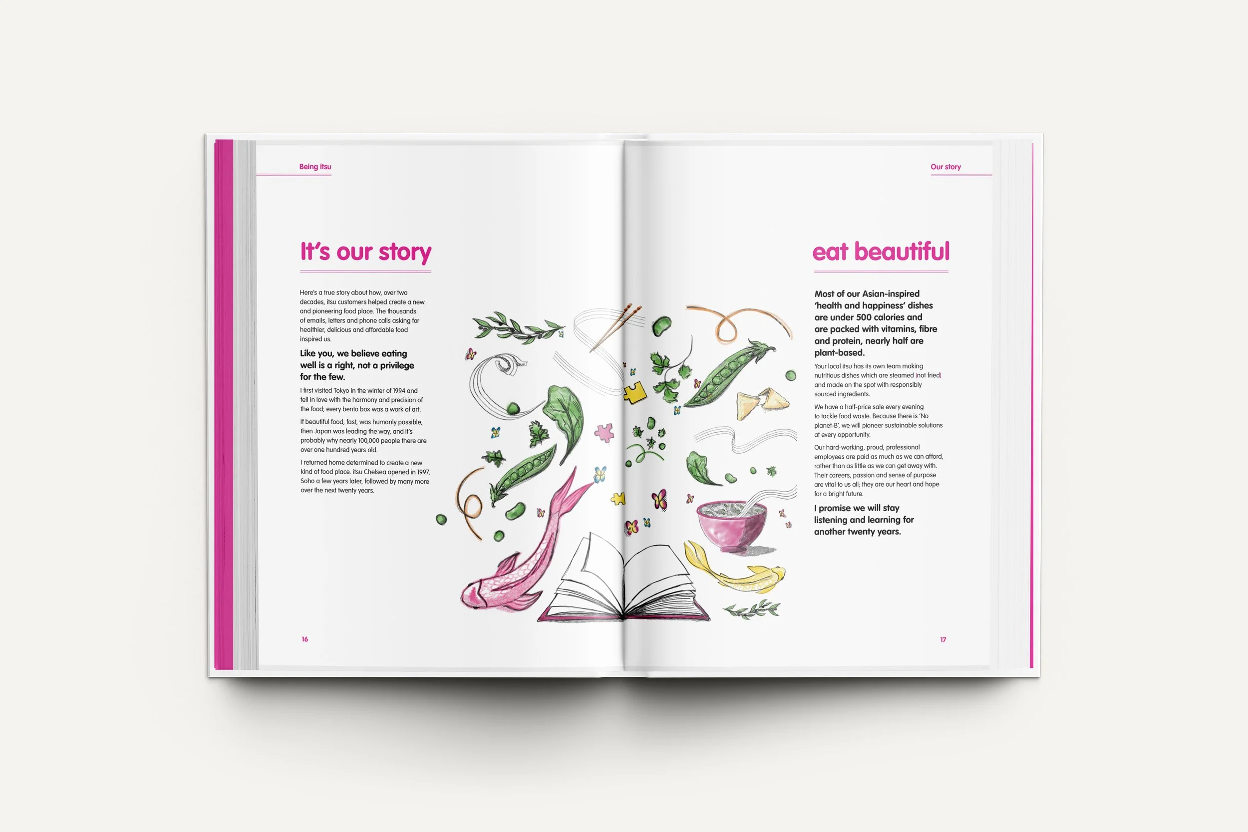 Open book with colorful illustrations of vegetables, a bowl, and a book in the center of the pages.