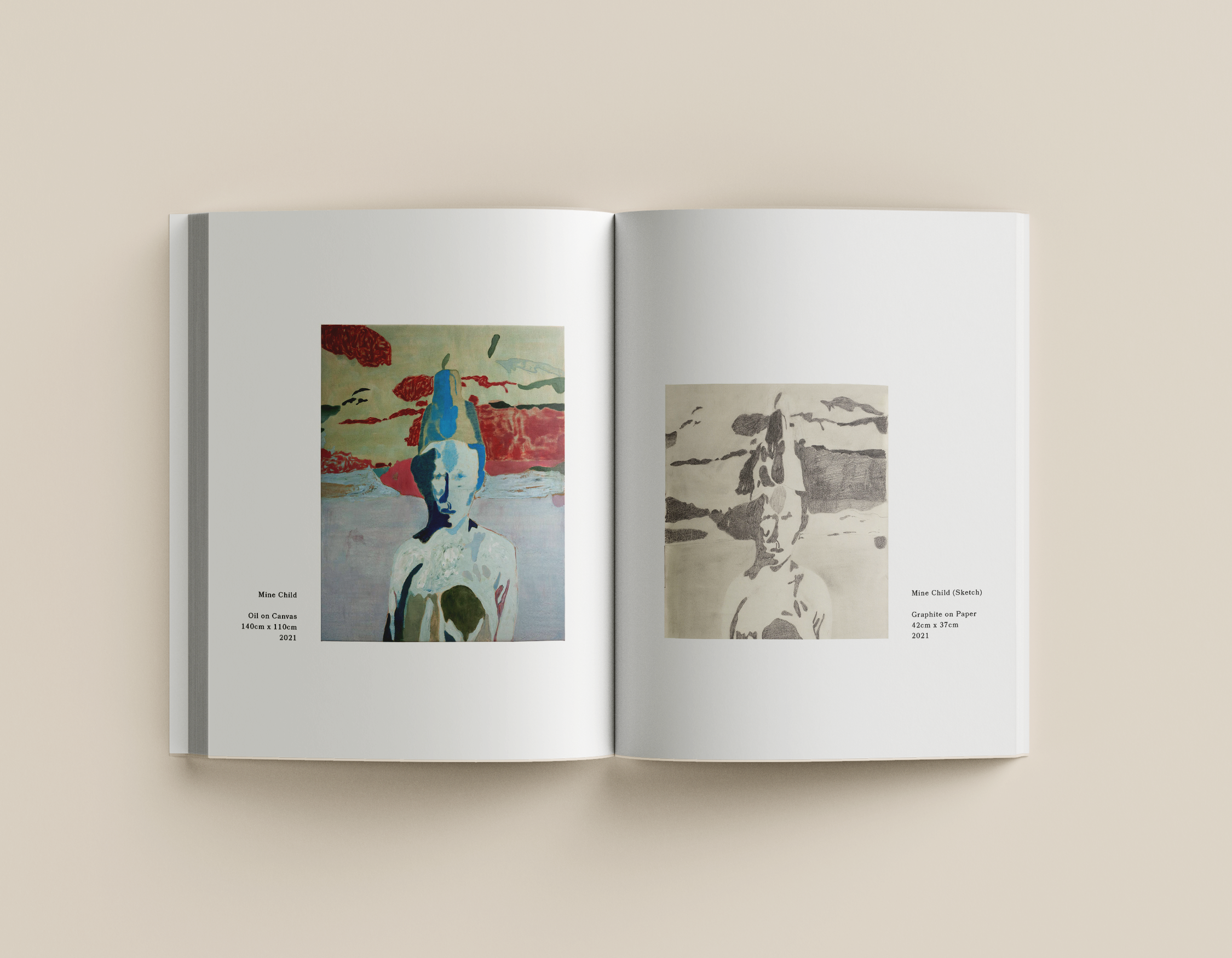 Open art book displaying two artworks of a child with a hat, one in vivid colors on canvas and the other as a sketch in monochrome.