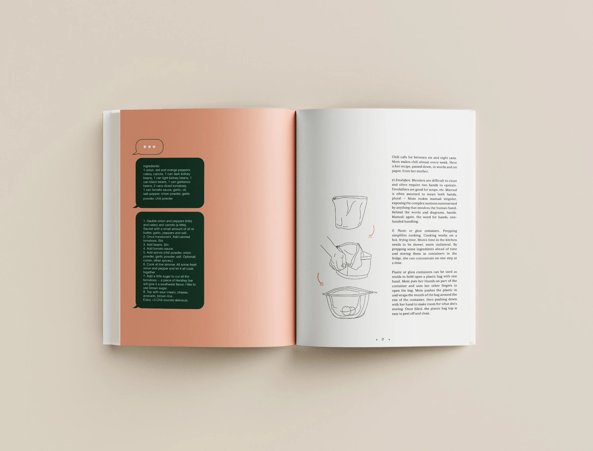 Open cookbook with illustrated instructions on preparing chili, showing three step-by-step drawings of the cooking process on the right page, and a green recipe card on the left page.