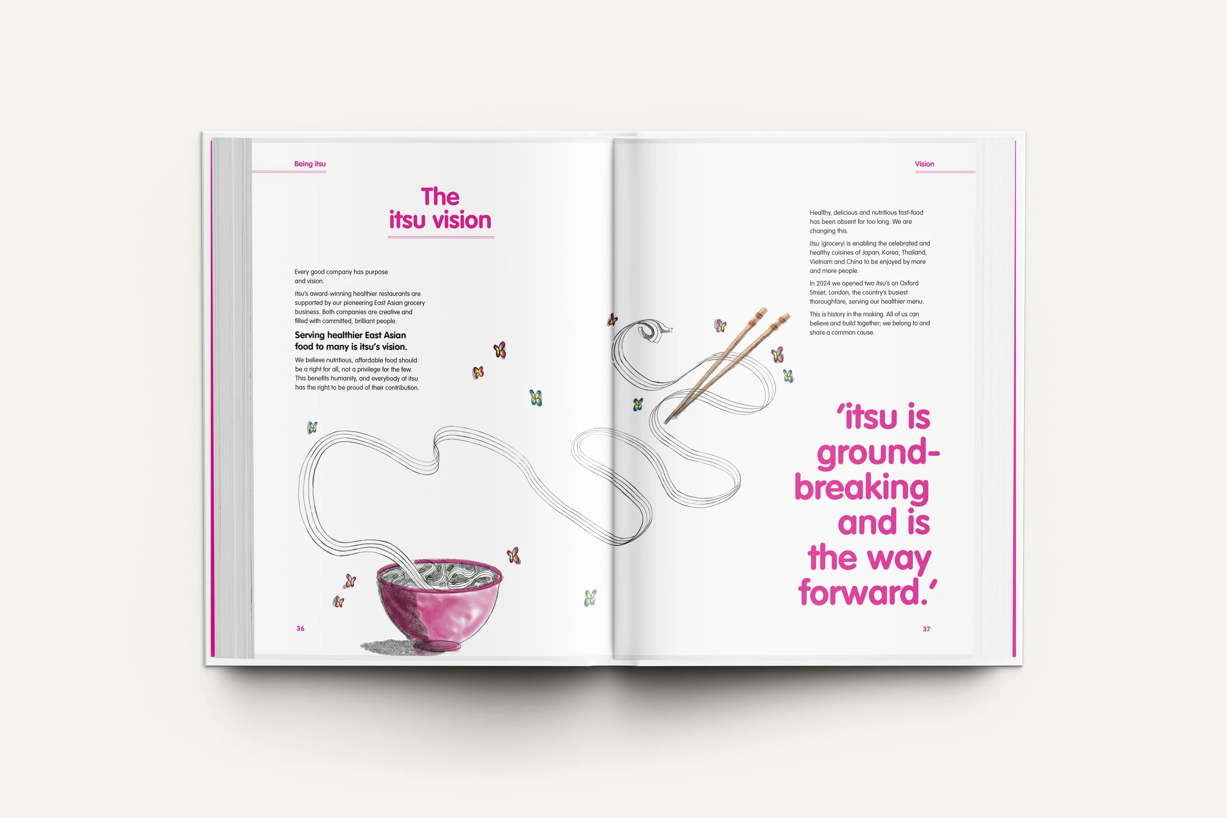 Open magazine with pink and black text discussing 'Itsu Vision.' Illustration of a pink bowl of noodles with steaming line art, and chopsticks amid colorful butterflies.
