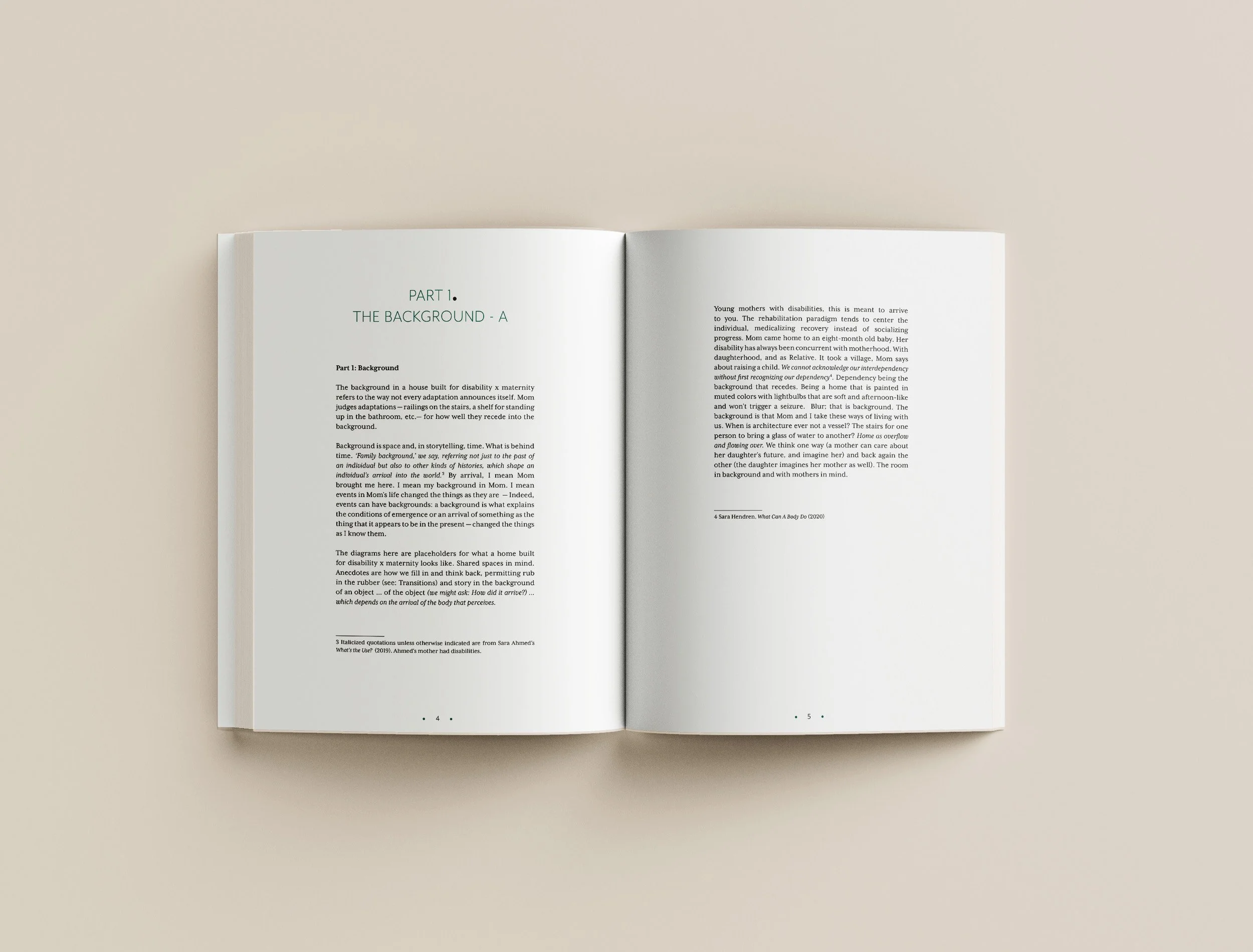 Open book on a light beige surface, displaying pages with text titled 'Part 1. The Background - A' in a clean, minimalist layout.