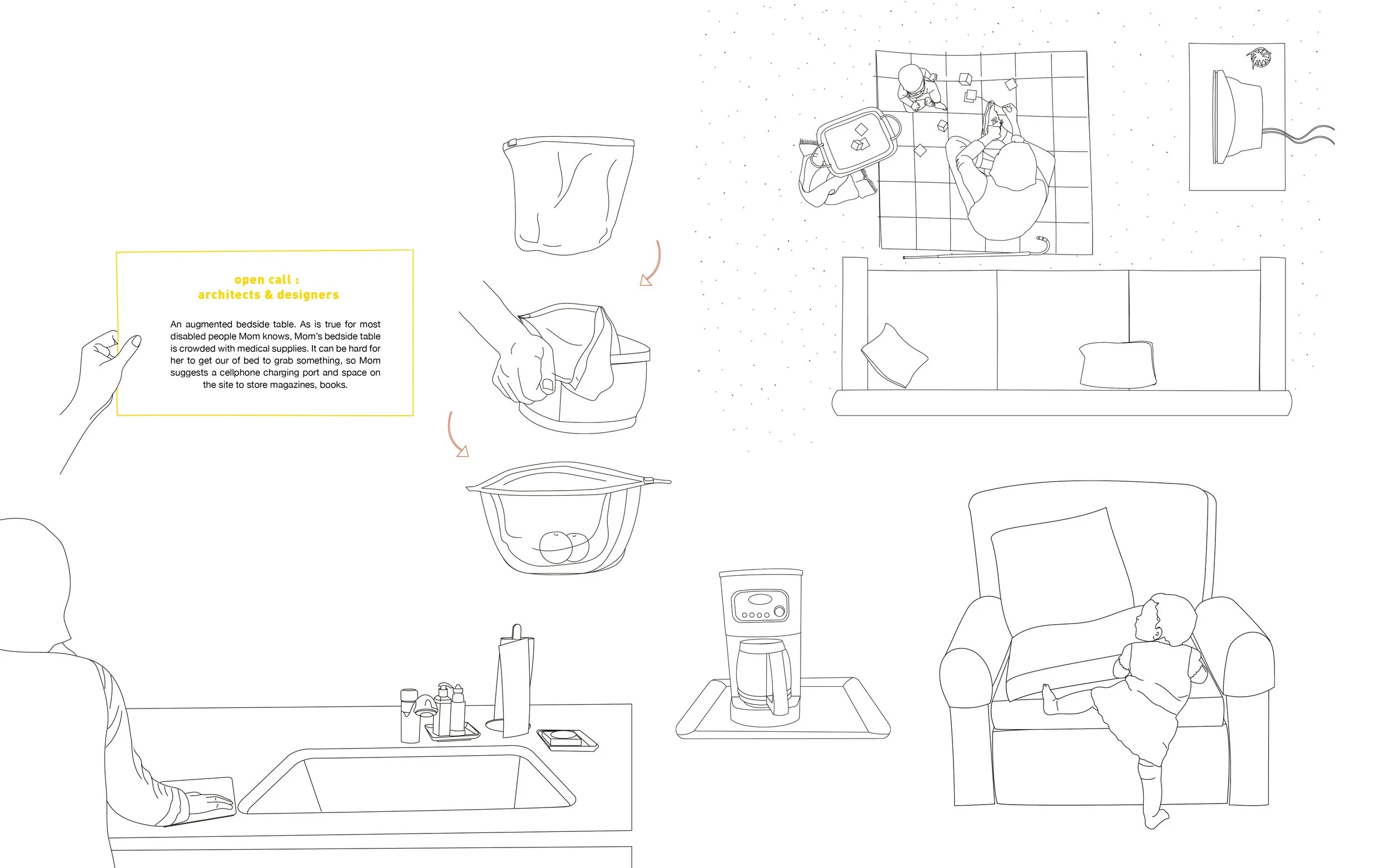 Line drawing of a cozy living area with various objects and people. On the left, a person is sitting at a kitchen counter with a sink, soap, and a tablet nearby. In the middle, a hand is holding a cloth over a bucket, with a basket of fruit and a cof