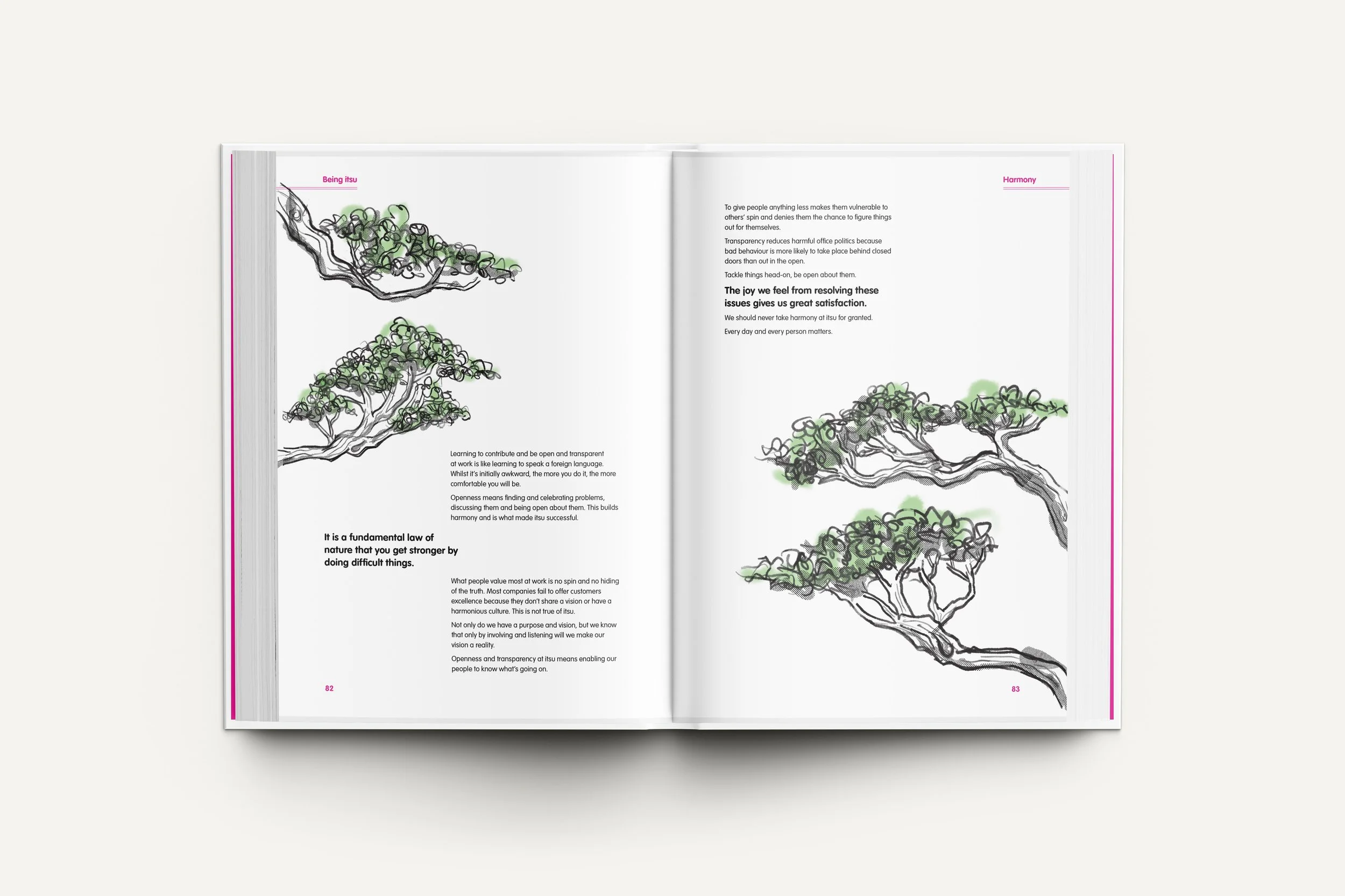 Open magazine showing illustrations of tree branches with green leaves and text discussing harmony, openness, and understanding.