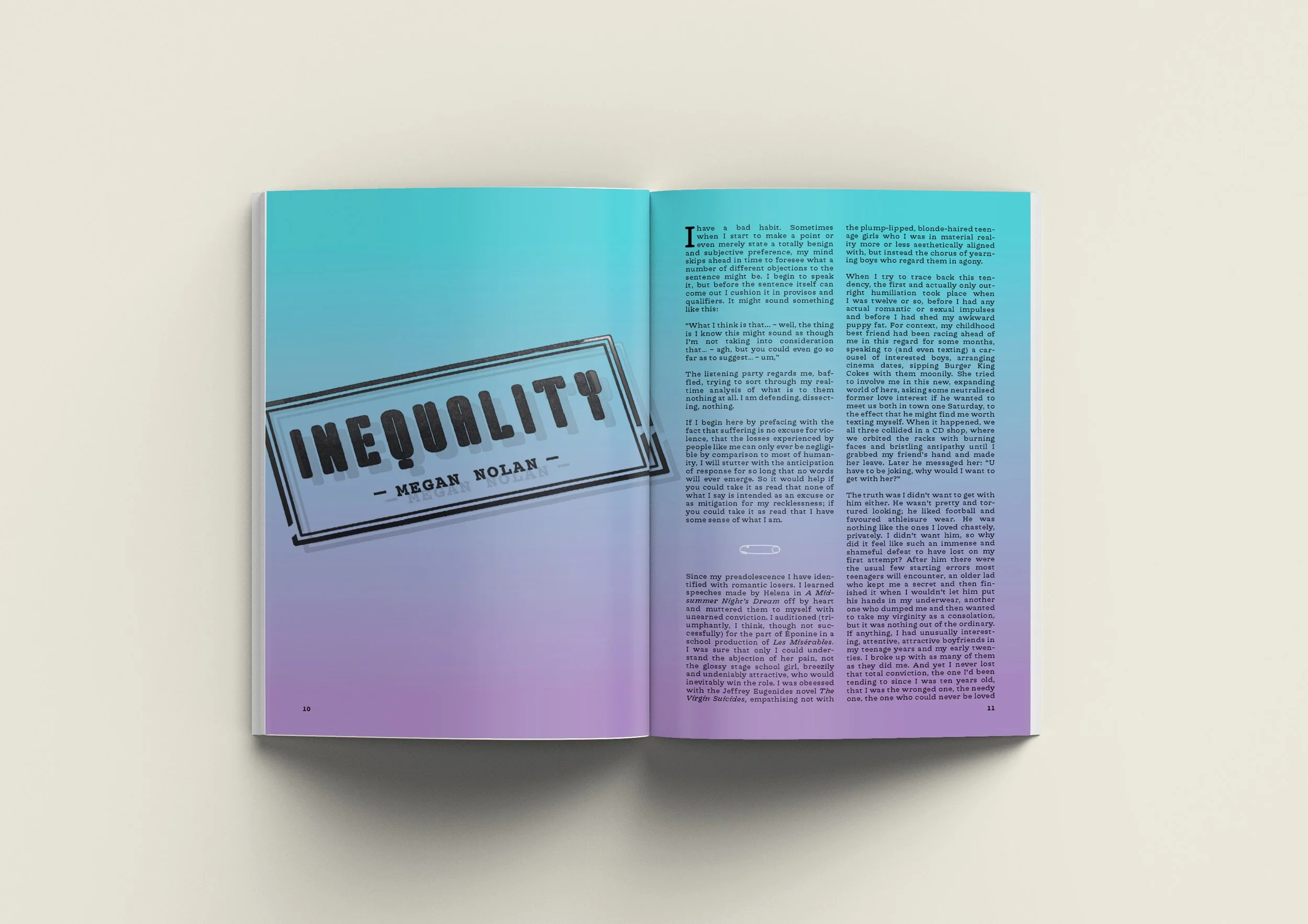Open magazine with gradient blue to purple background, featuring a black stamped title "INEQUILITY" and the author name "MEGAN NOLAN" on the left page, with text on both pages.