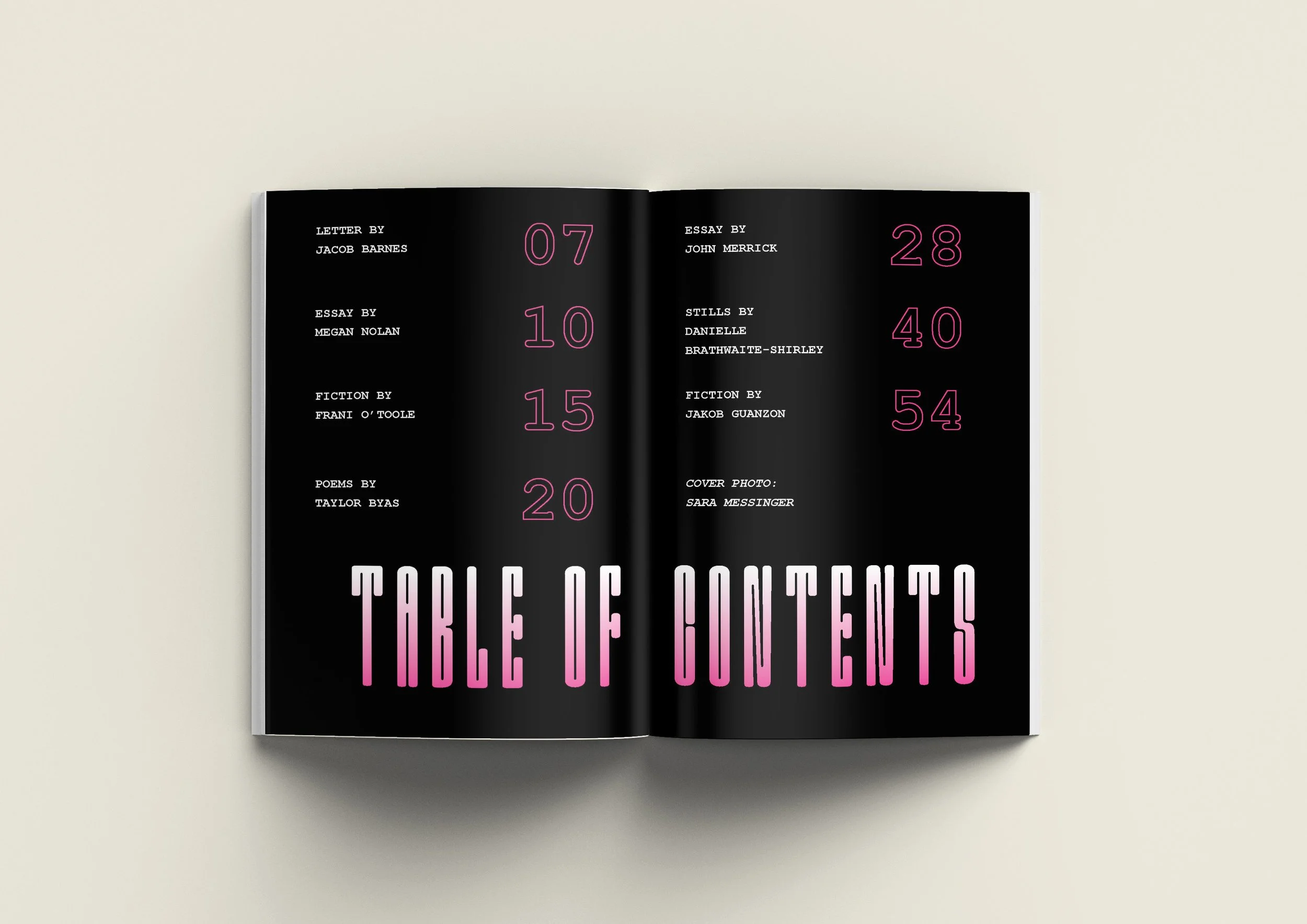 An open magazine showing a table of contents page with black background, pink and white text, listing article titles and page numbers.