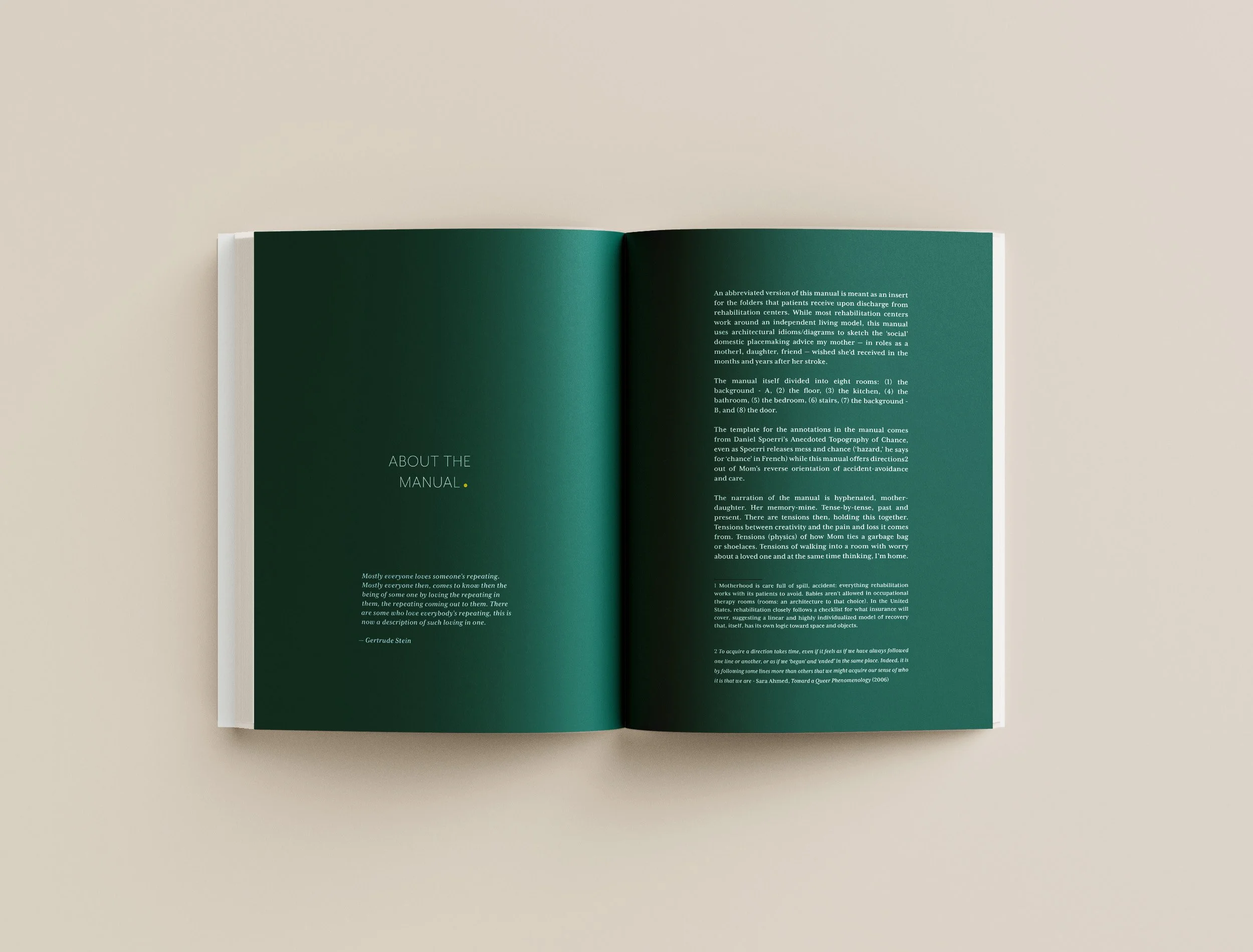 Open book showing pages with green backgrounds and white text, titled 'About the Manual'.